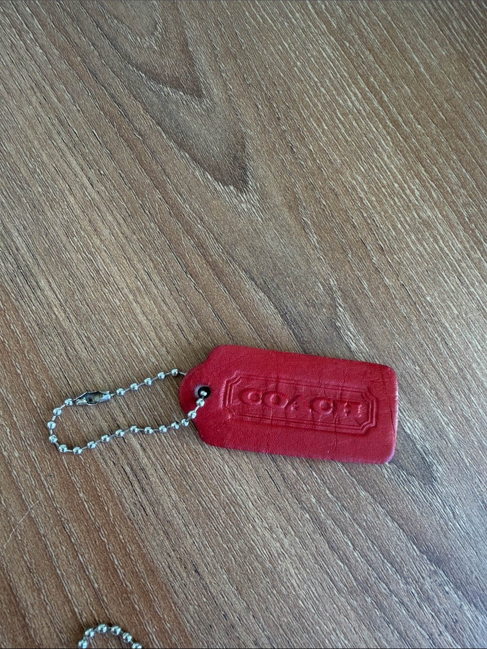 Coach Red Genuine Leather Hangtag Bag Charm Silver Ball Chain 2.5”x1”